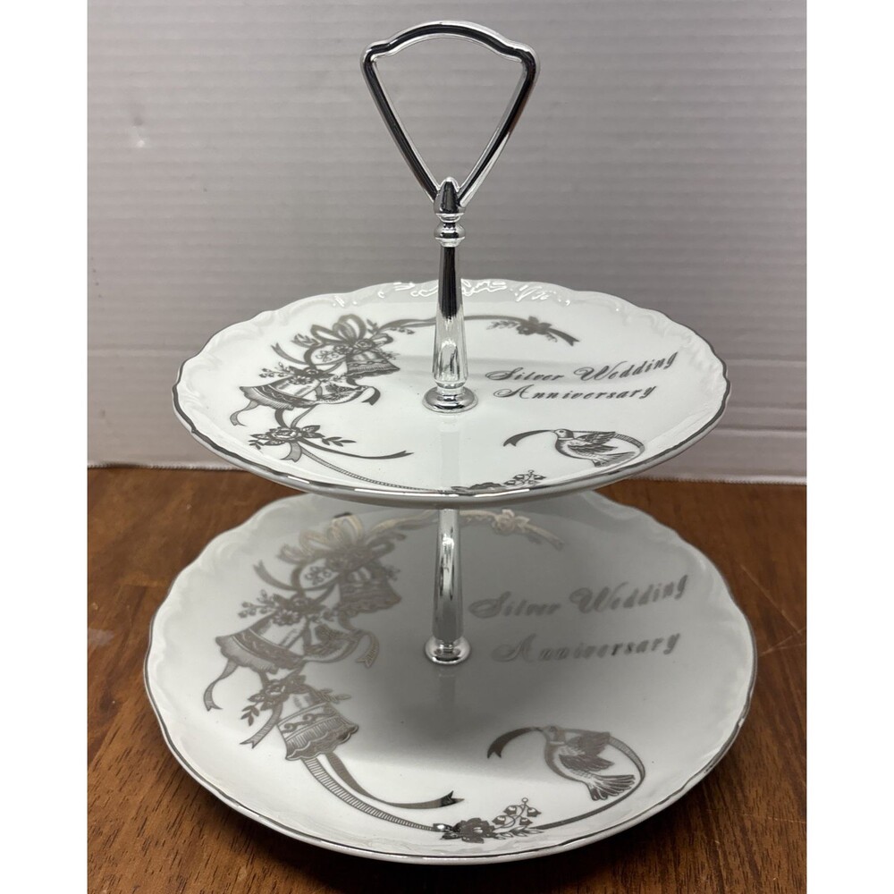Lazy Susan Two-Tier Cookie and Cupcake Plate-Silver Wedding Anniversary ~